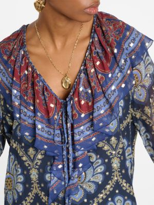 Копринена блуза с принт с волани Etro синьо
