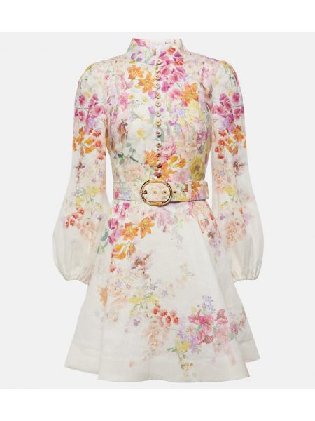 Virágos lenvászon galléros ruha Zimmermann fehér
