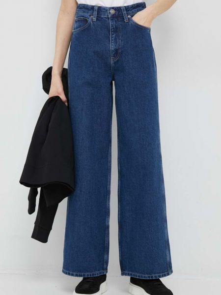 Памучни дънки с висока талия Calvin Klein синьо