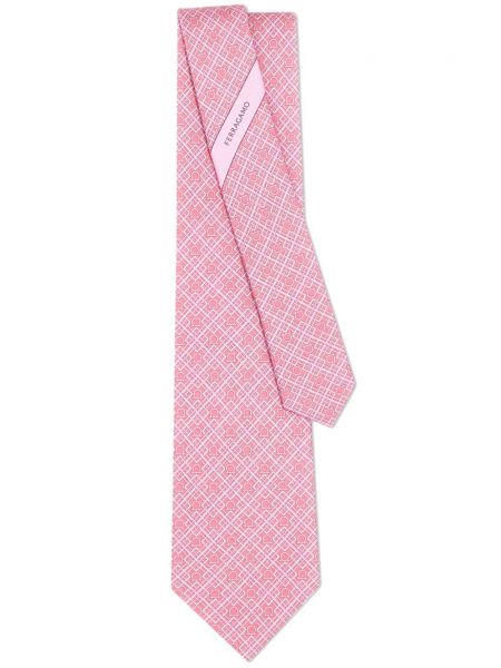 Kostkovaná hedvábná kravata s potiskem Ferragamo růžová