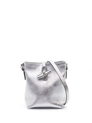 Kožená taška přes rameno Longchamp stříbrná