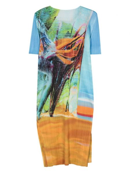 Robe mi-longue à imprimé tropical plissé Pleats Please Issey Miyake bleu