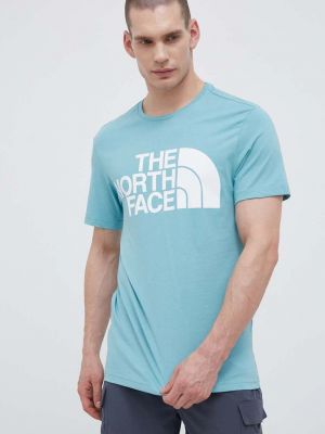 Памучна тениска с дълъг ръкав с принт The North Face синьо