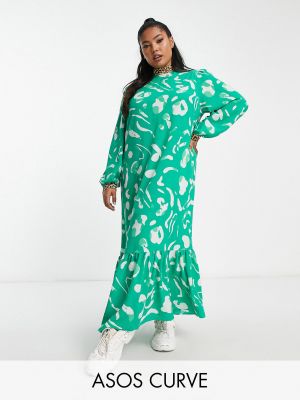 Длинное платье с высоким воротником с абстрактным узором Asos зеленое