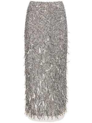 Midi sukně s třásněmi s vysokým pasem Oscar De La Renta stříbrné