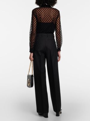 Žakárové vlněné rovné kalhoty s vysokým pasem Gucci černé