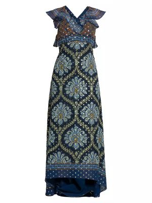 Длинное платье в горошек с геометрическим узором Etro синее