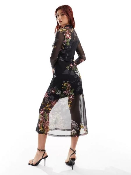 Платье миди в цветочек с принтом с сеткой Allsaints черное