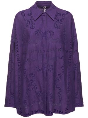 Čipkovaná oversized bavlnená košeľa Valentino fialová