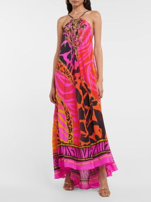 Jedwabna sukienka midi z nadrukiem Camilla różowa