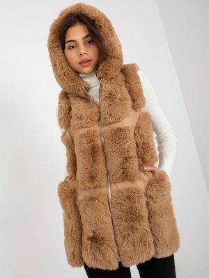 Kožená kožušinová vesta s kapucňou Fashionhunters hnedá
