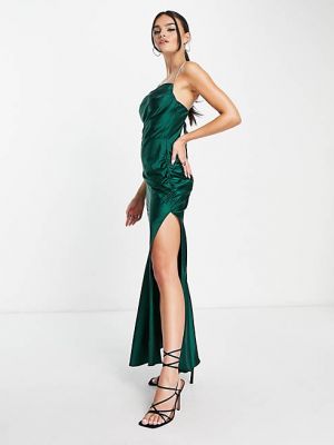 Зеленое атласное платье макси Rare London с бретелями из бриллиантов