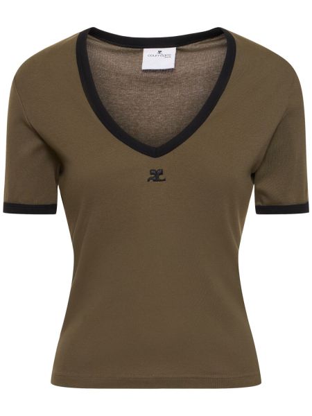 Camiseta de algodón con escote v Courrèges verde