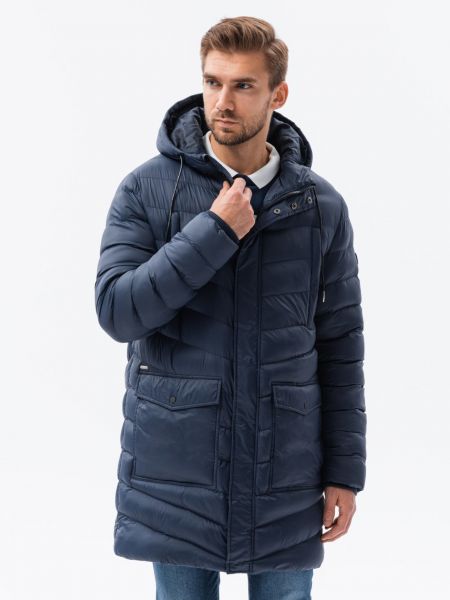 Prošívaný zimní kabát s kapucí Ombre Clothing modrý