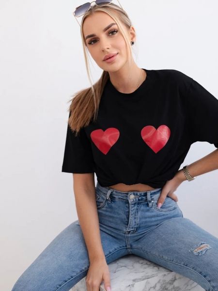 Bombažna bluza s potiskom z vzorcem srca Kesi črna