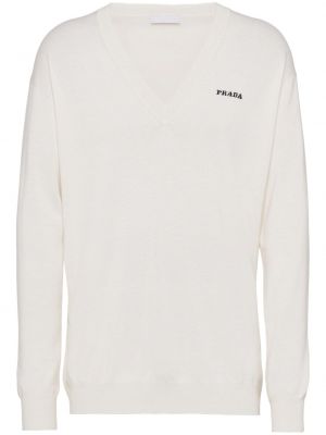 Sweter z kaszmiru z dekoltem w serek Prada biały
