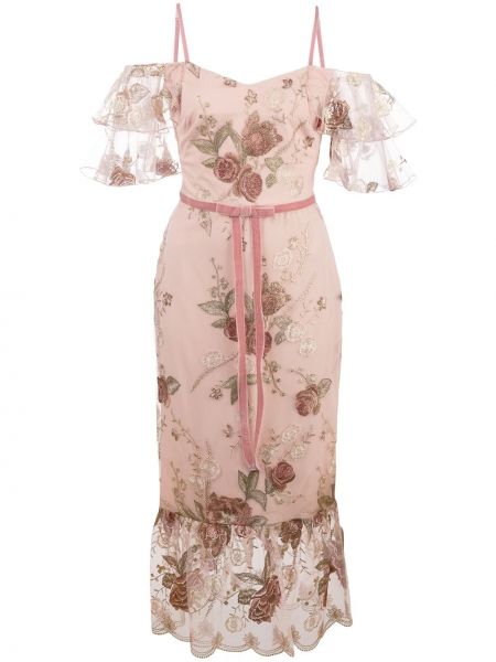 Vestido de cóctel con bordado con lazo de flores Marchesa Notte rosa