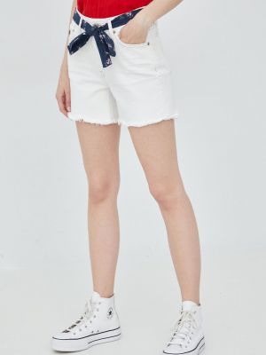 Superdry pantaloni scurti jeans femei, culoarea alb, neted, medium waist