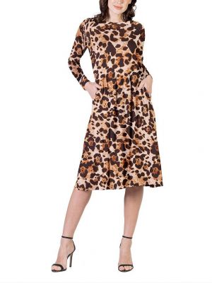 Плиссированный платье миди с принтом с длинным рукавом 24seven Comfort Apparel коричневый