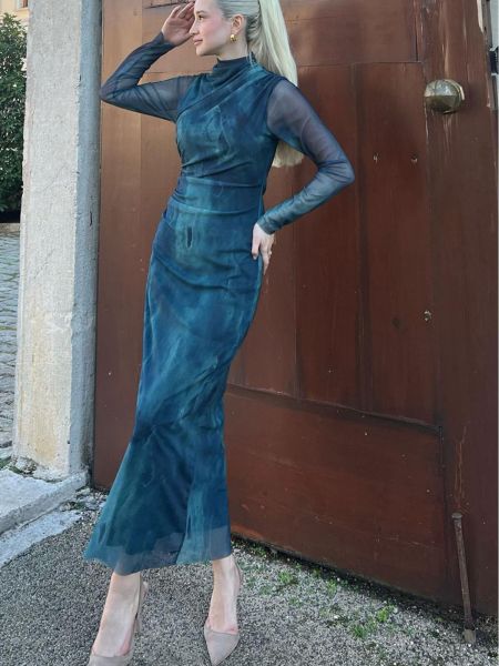 Sukienka długa z długim rękawem tiulowa Madmext zielona