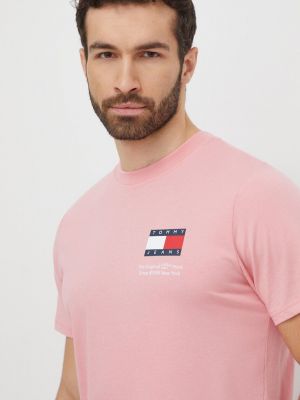 Koszulka bawełniana z nadrukiem slim fit Tommy Jeans różowa