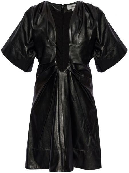 Plisirana usnjena obleka Victoria Beckham črna
