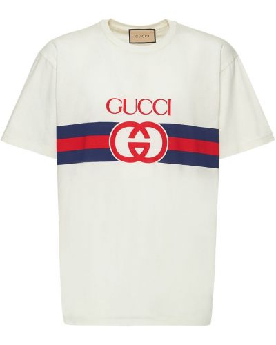 Biała koszulka bawełniana z nadrukiem Gucci