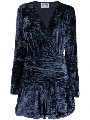 Кадифена мини рокля с v-образно деколте Moschino Jeans синьо