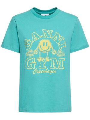 Voľné bavlnené športové tričko s potlačou Ganni modrá