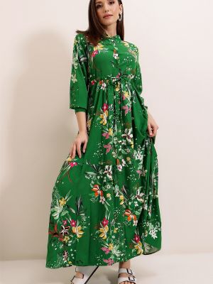 Sukienka długa na guziki z wiskozy w kwiatki By Saygı zielona