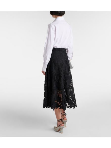 Midi suknja s cvjetnim printom s čipkom Oscar De La Renta crna
