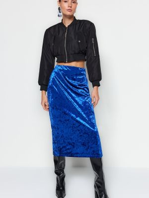 Pletená zamatová midi sukňa s vysokým pásom Trendyol modrá
