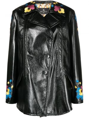 Usnjena jakna z vezenjem s cvetličnim vzorcem Etro črna