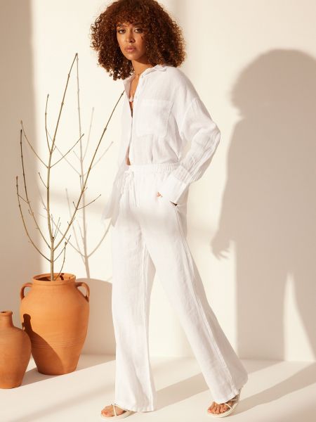 Λινό υφασμάτινο παντελόνι με ψηλή μέση σε φαρδιά γραμμή Trendyol λευκό