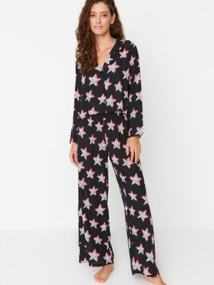 Плетена от вискоза пижама с принт Trendyol черно