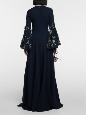 Jedwabna haftowana sukienka długa Oscar De La Renta niebieska