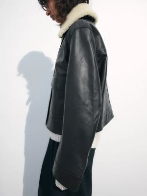Кожаный длинный пиджак H&m черный