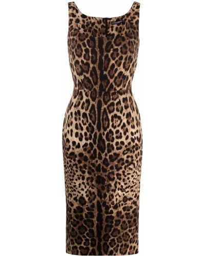 Sukienka koktajlowa dopasowana z nadrukiem w panterkę Dolce And Gabbana brązowa