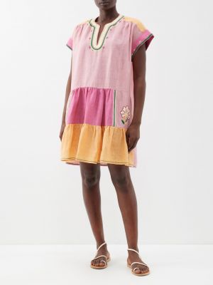 Льняное платье мини с вышивкой Saloni розовое