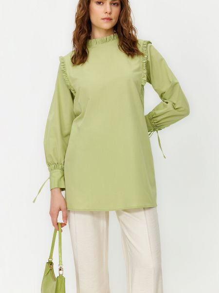 Памучна туника блуза с волани Trendyol зелено