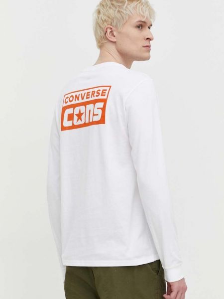 Bavlněné tričko s dlouhým rukávem s potiskem s dlouhými rukávy Converse bílé