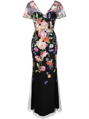 Květinové večerní šaty s výstřihem do v Marchesa Notte černé