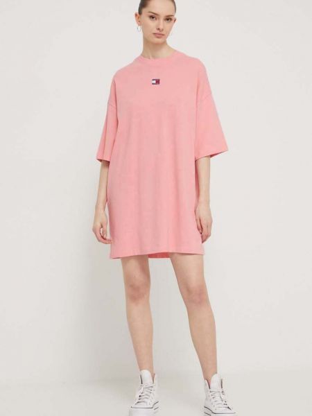 Sukienka mini bawełniana oversize Tommy Jeans różowa