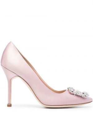 Pantofi cu toc din satin cu cataramă de cristal Manolo Blahnik roz