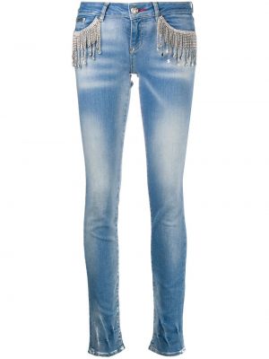 Jeans skinny à franges slim en cristal Philipp Plein bleu