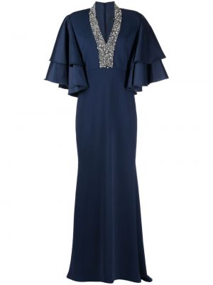 Вечерна рокля с мъниста от креп Badgley Mischka синьо