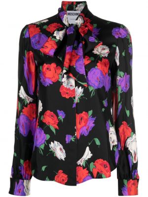Bluză de mătase cu model floral cu imagine Moschino negru
