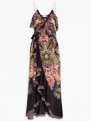 Длинное платье с принтом с рюшами Camilla черное