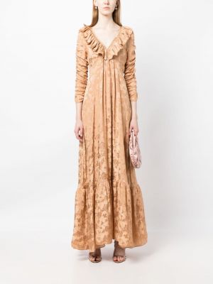 Sukienka długa z falbankami żakardowa Bytimo brązowa