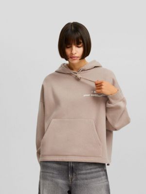 Bluza z kapturem z nadrukiem oversize Bershka brązowa